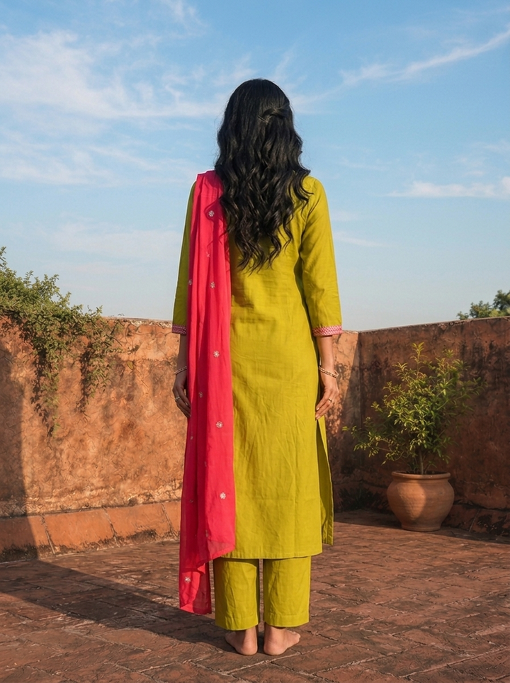 Lime Green Cotton Solid With Color Block Embroidered Three Piece Set
