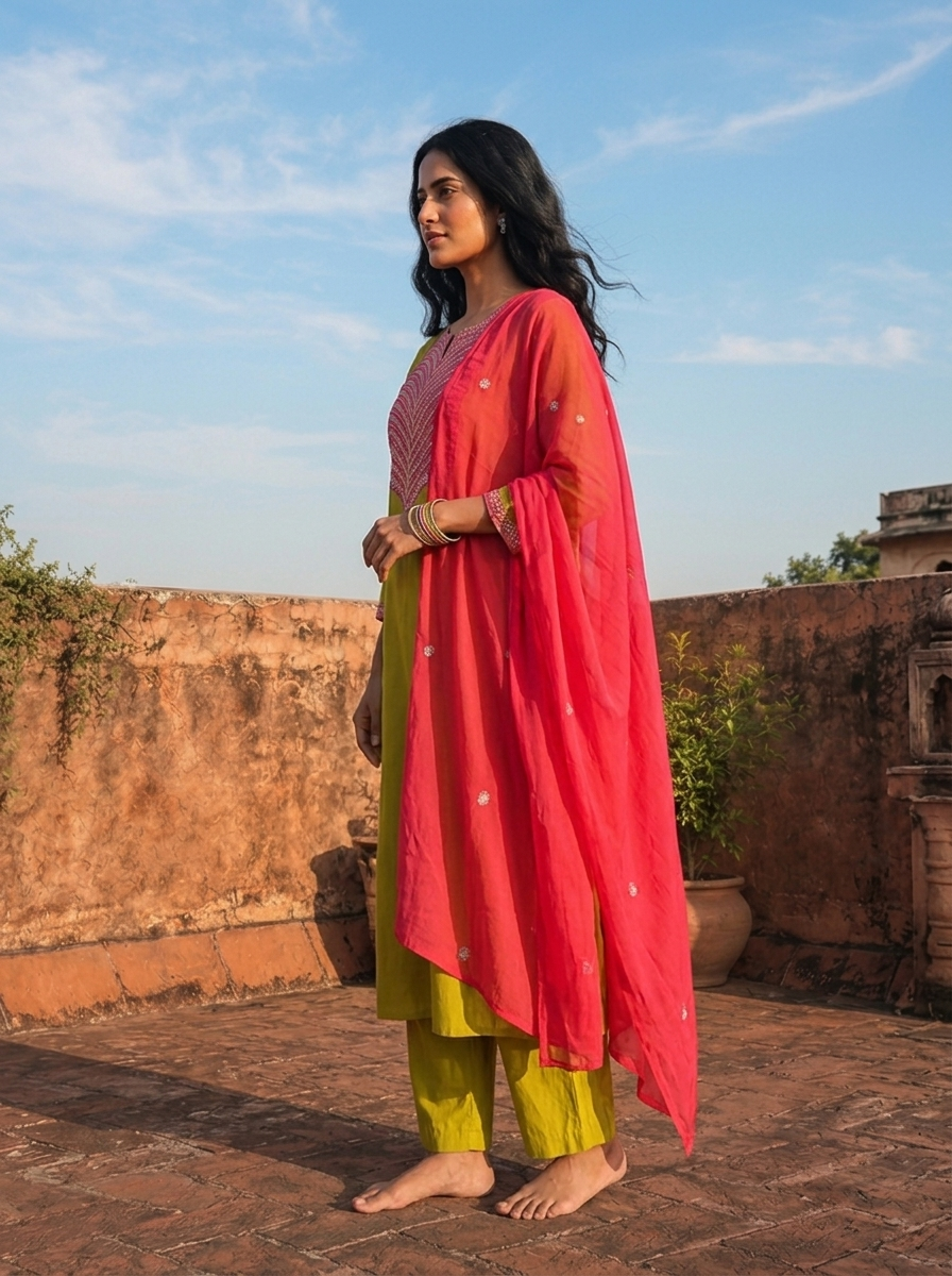 Lime Green Cotton Solid With Color Block Embroidered Three Piece Set