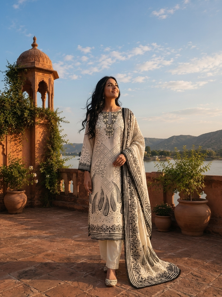 Cream Cotton Mixed Motif Digital Printed Three Piece Set