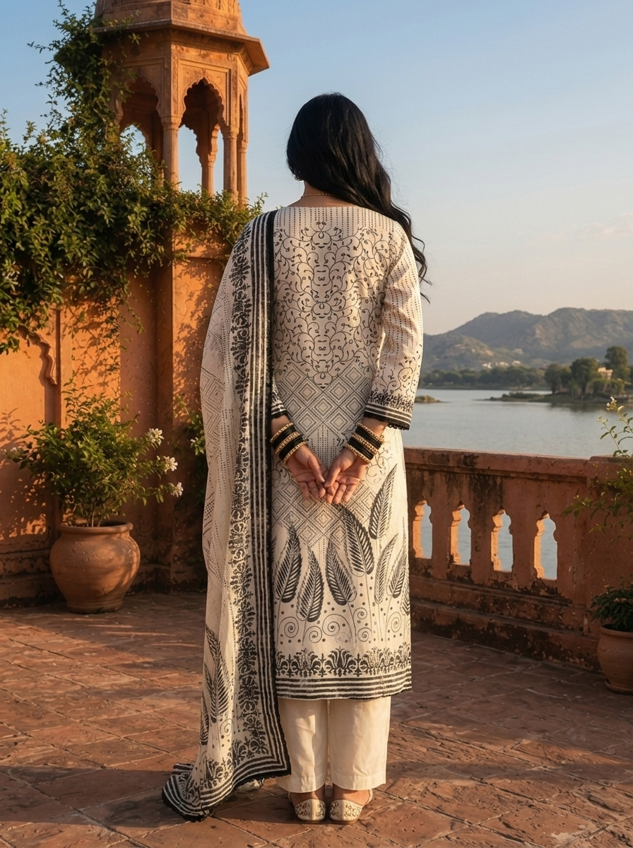 Cream Cotton Mixed Motif Digital Printed Three Piece Set