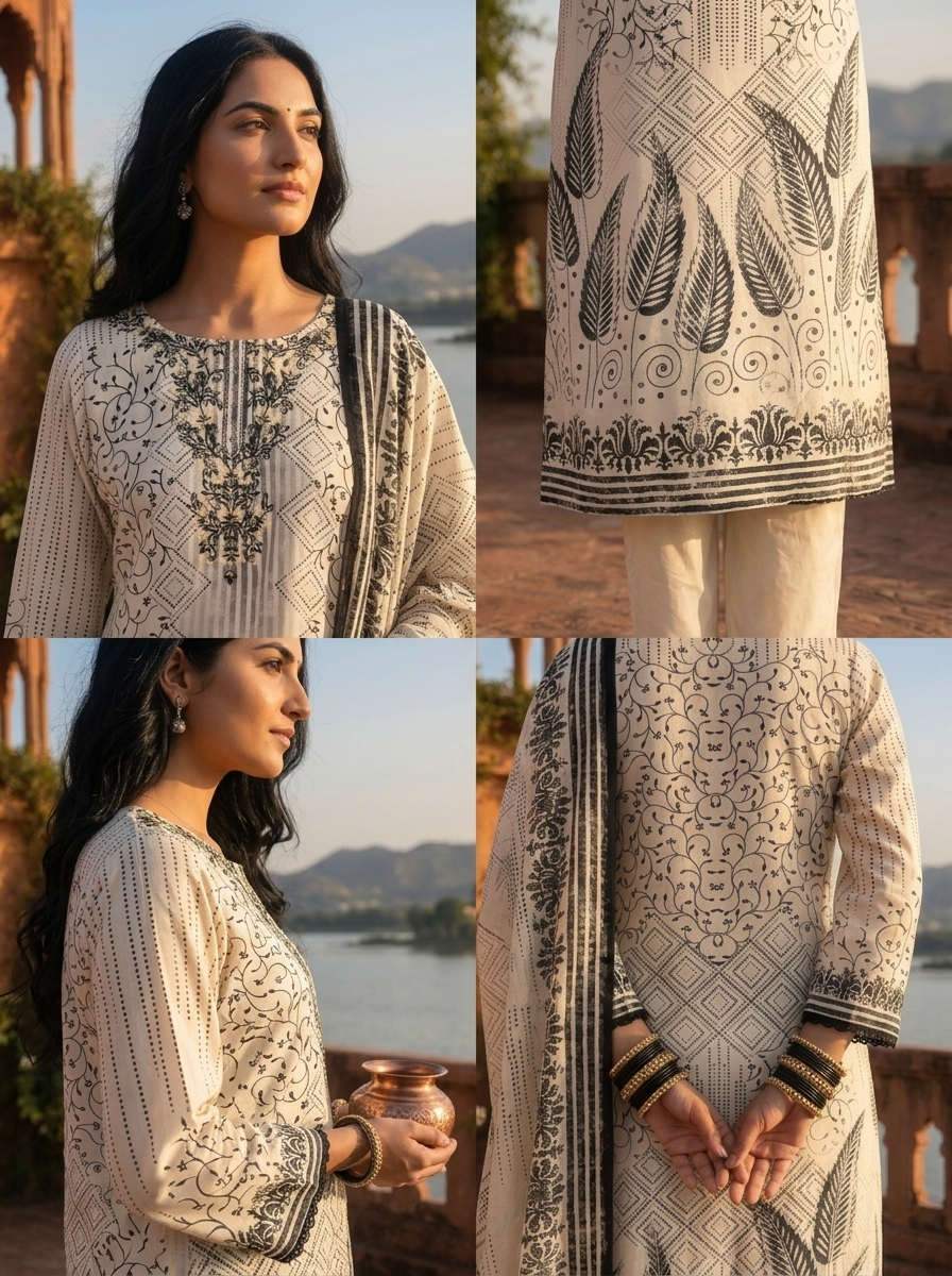 Cream Cotton Mixed Motif Digital Printed Three Piece Set