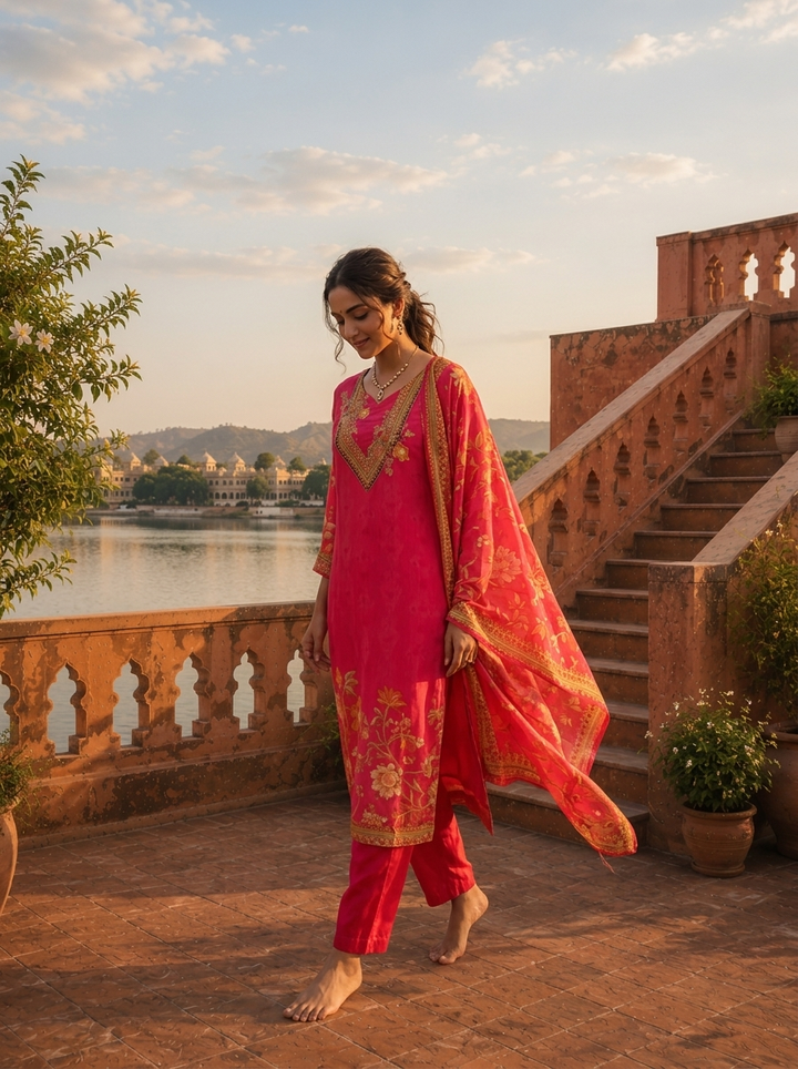 Rani Crepe Floral Vine Printed Three Piece Set