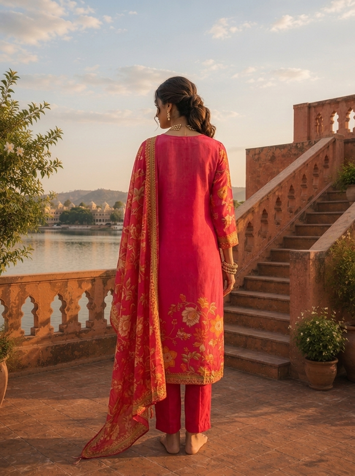 Rani Crepe Floral Vine Printed Three Piece Set