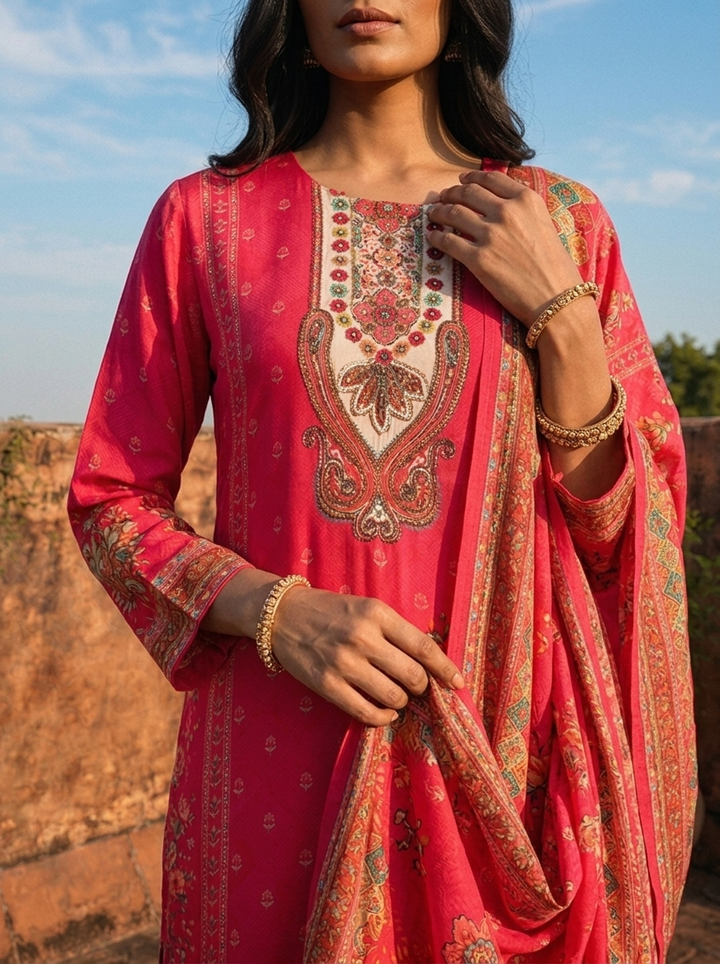 Rani Crepe Paisley And Floral Motif Printed Three Piece Set
