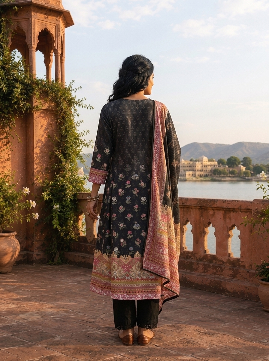 Black Silk Mughal Fusion Printed Three Piece Set