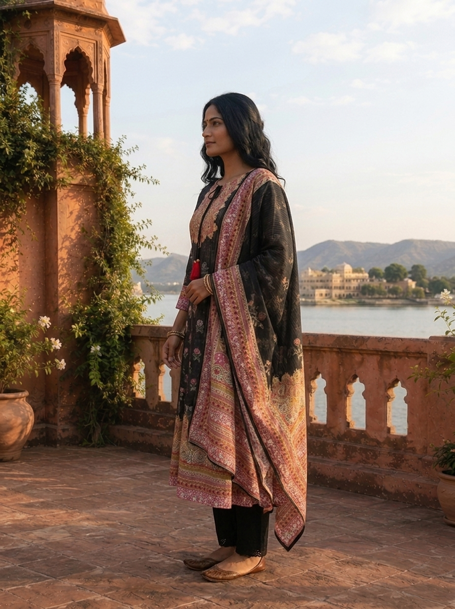 Black Silk Mughal Fusion Printed Three Piece Set