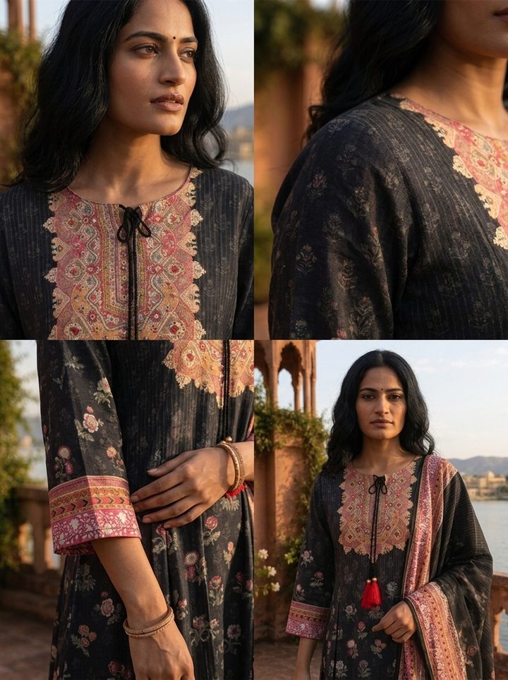 Black Silk Mughal Fusion Printed Three Piece Set