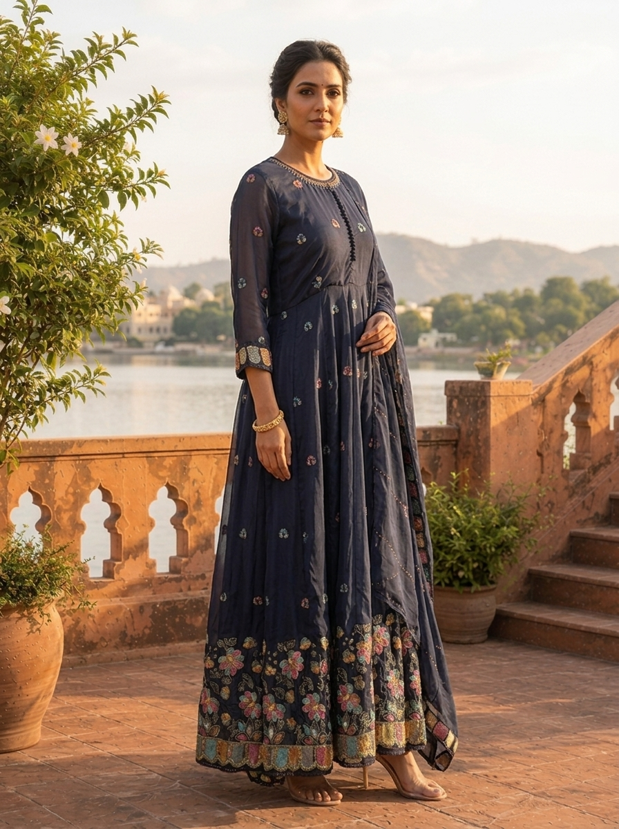 Navy Blue Organza Scattered Multi-Color Butti Embroidered Three Piece Set