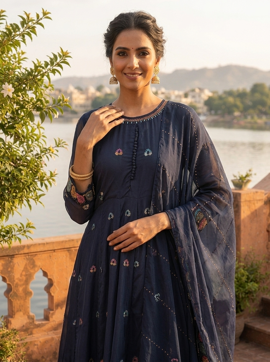 Navy Blue Organza Scattered Multi-Color Butti Embroidered Three Piece Set