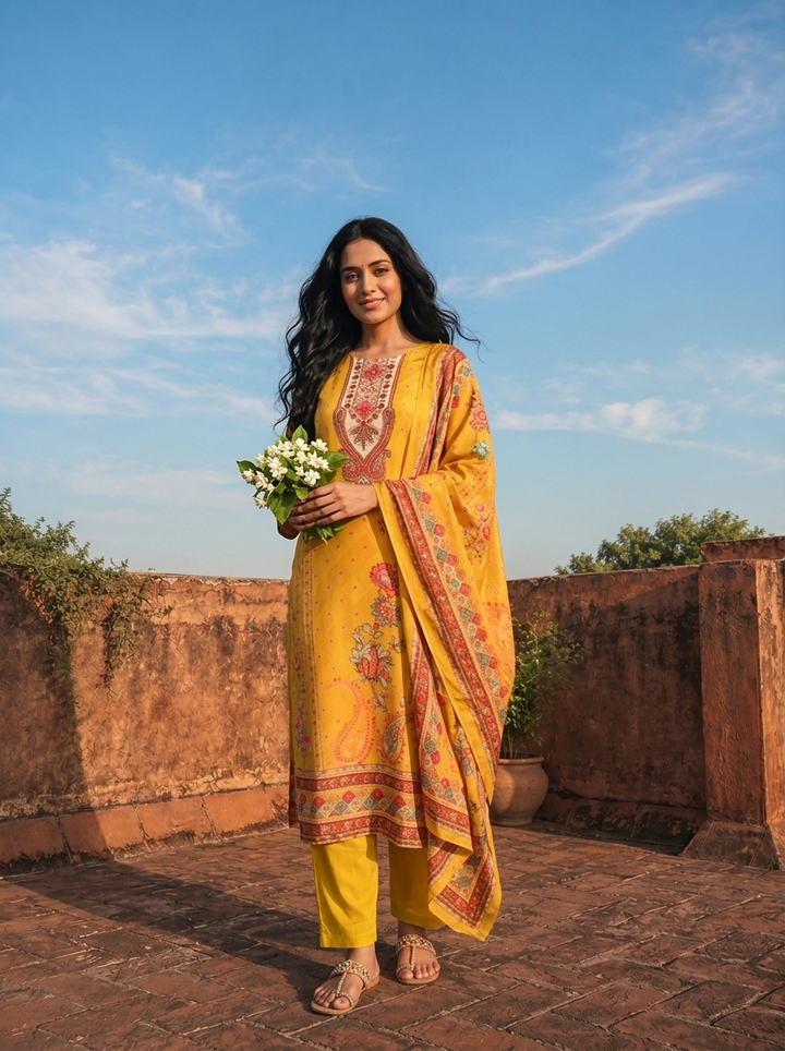 Mustard Crepe Mughal Digital Printed Three Piece Set