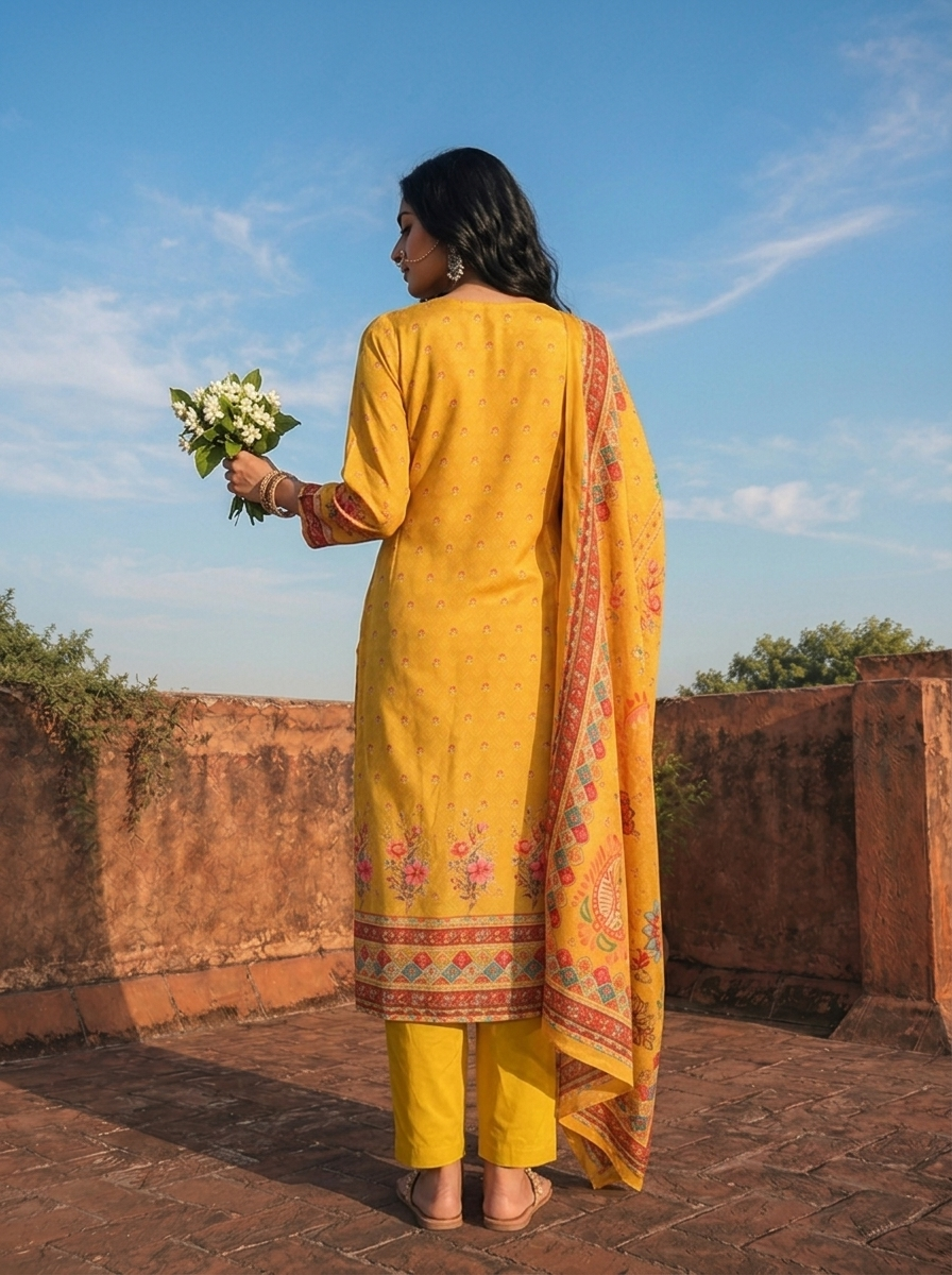 Mustard Crepe Mughal Digital Printed Three Piece Set