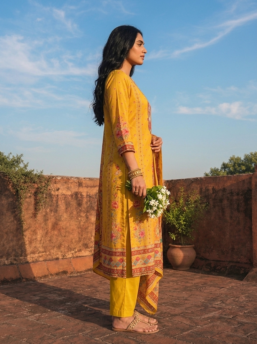 Mustard Crepe Mughal Digital Printed Three Piece Set