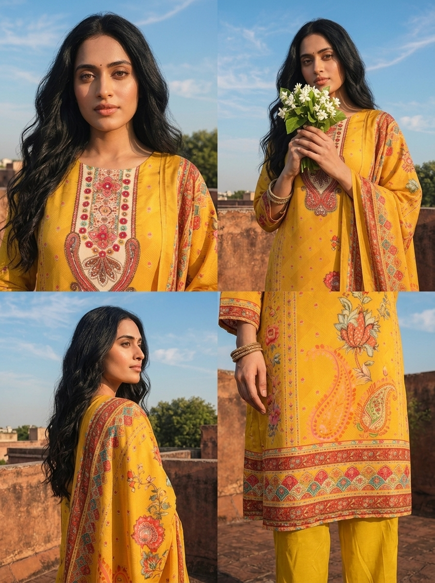 Mustard Crepe Mughal Digital Printed Three Piece Set