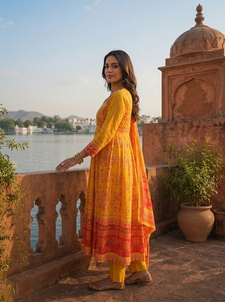 Mustard Silk Mughal Floral Printed Three Piece Set