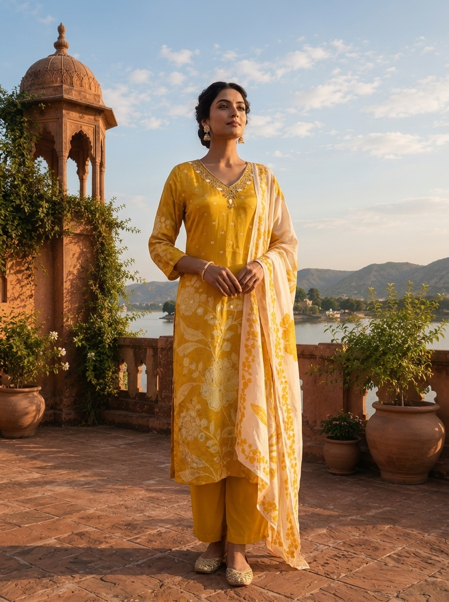 Green Silk Tonal Printed Three Piece Set