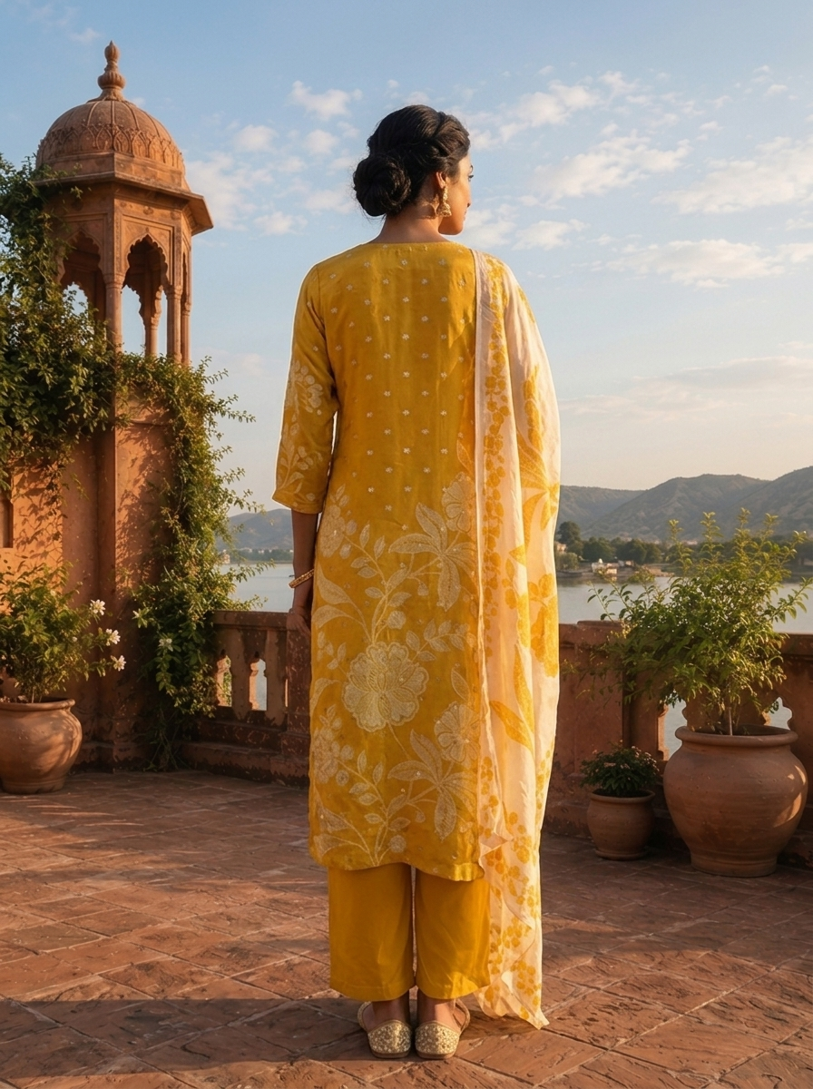 Green Silk Tonal Printed Three Piece Set