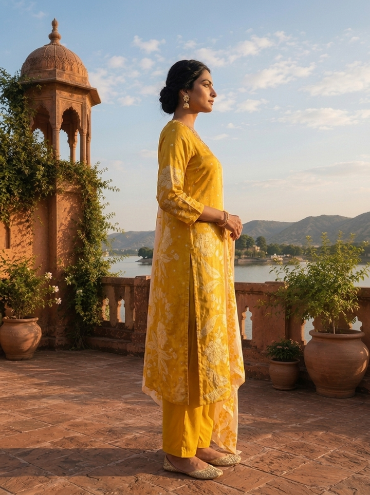 Green Silk Tonal Printed Three Piece Set