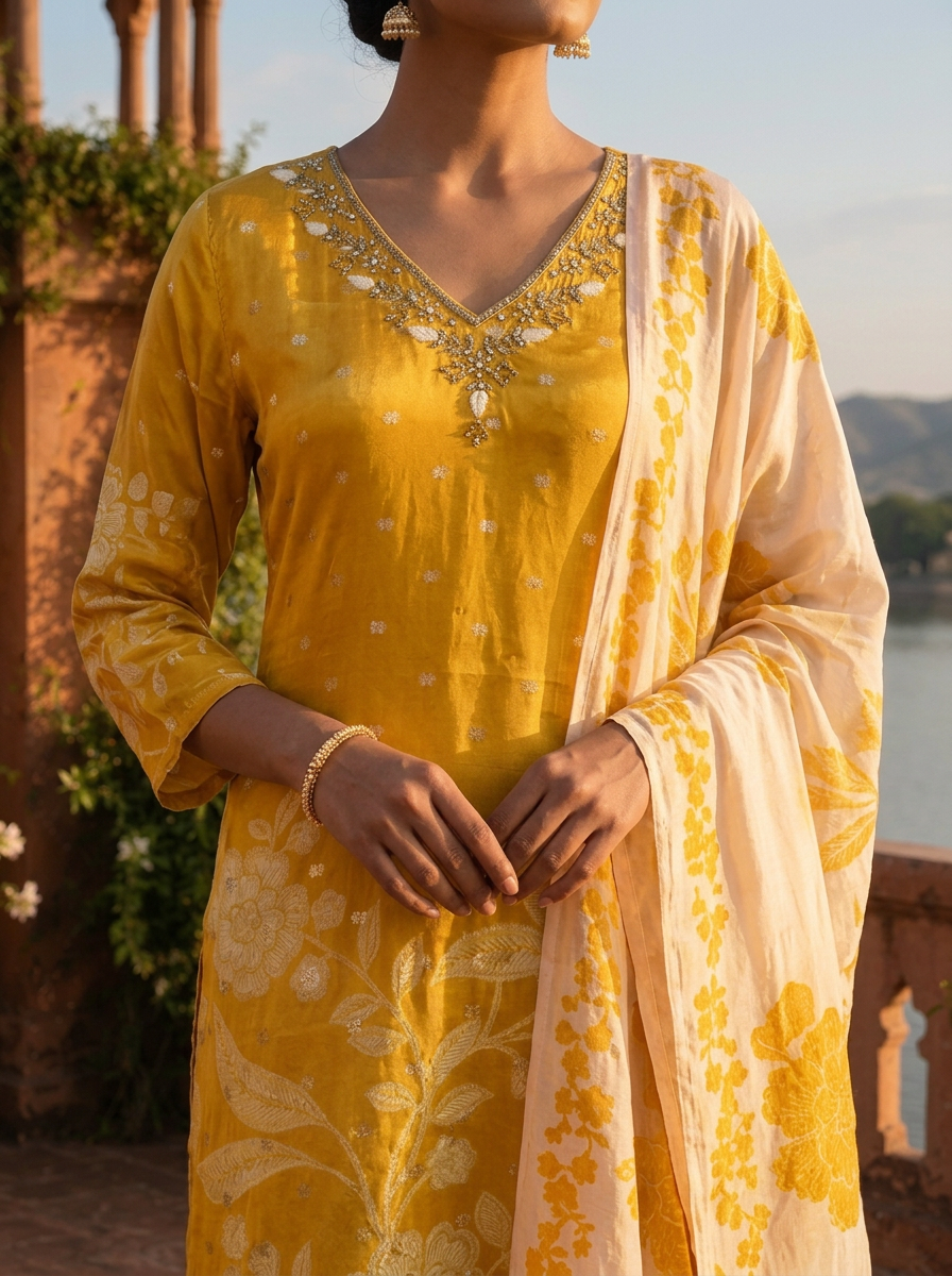 Green Silk Tonal Printed Three Piece Set