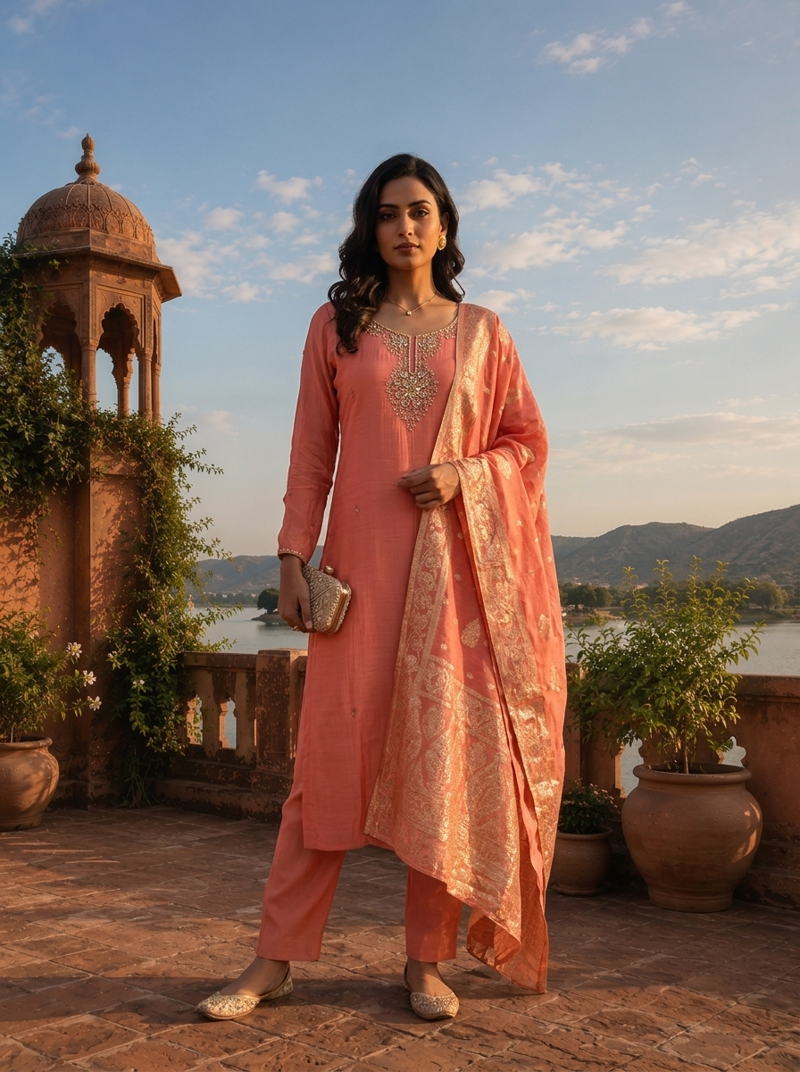 Onion Muslin Heavy Zari Embroidered Three Piece Set