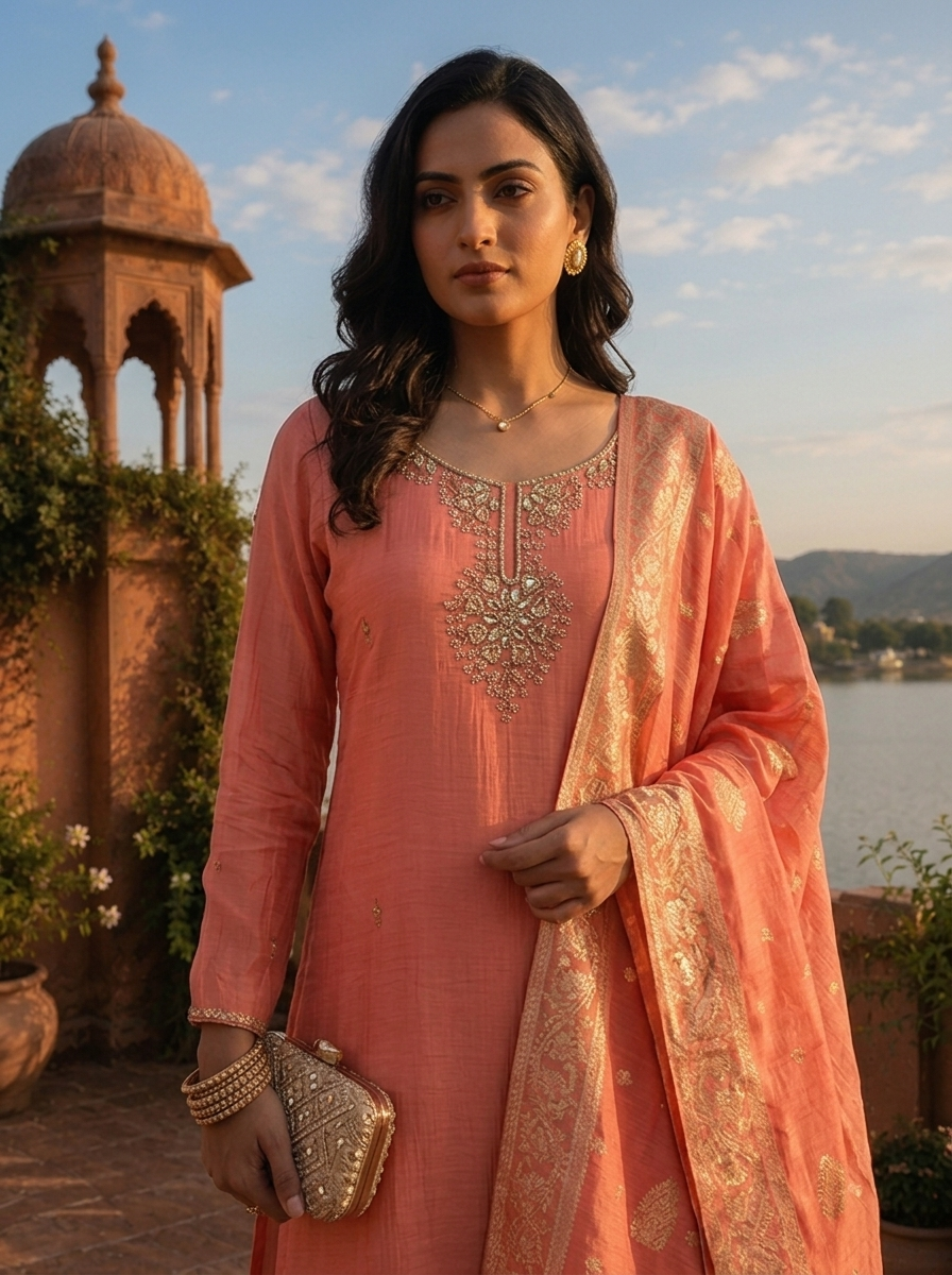 Onion Muslin Heavy Zari Embroidered Three Piece Set