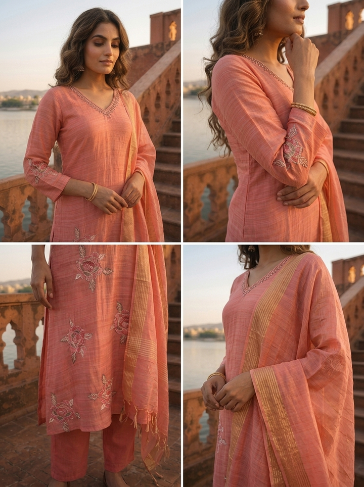 Onion Silk Floral Motif Embroidered Three Piece Set