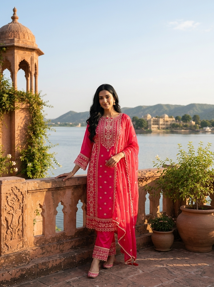 Rani Pink Cotton Tiny Floral Butis Printed Three Piece Set