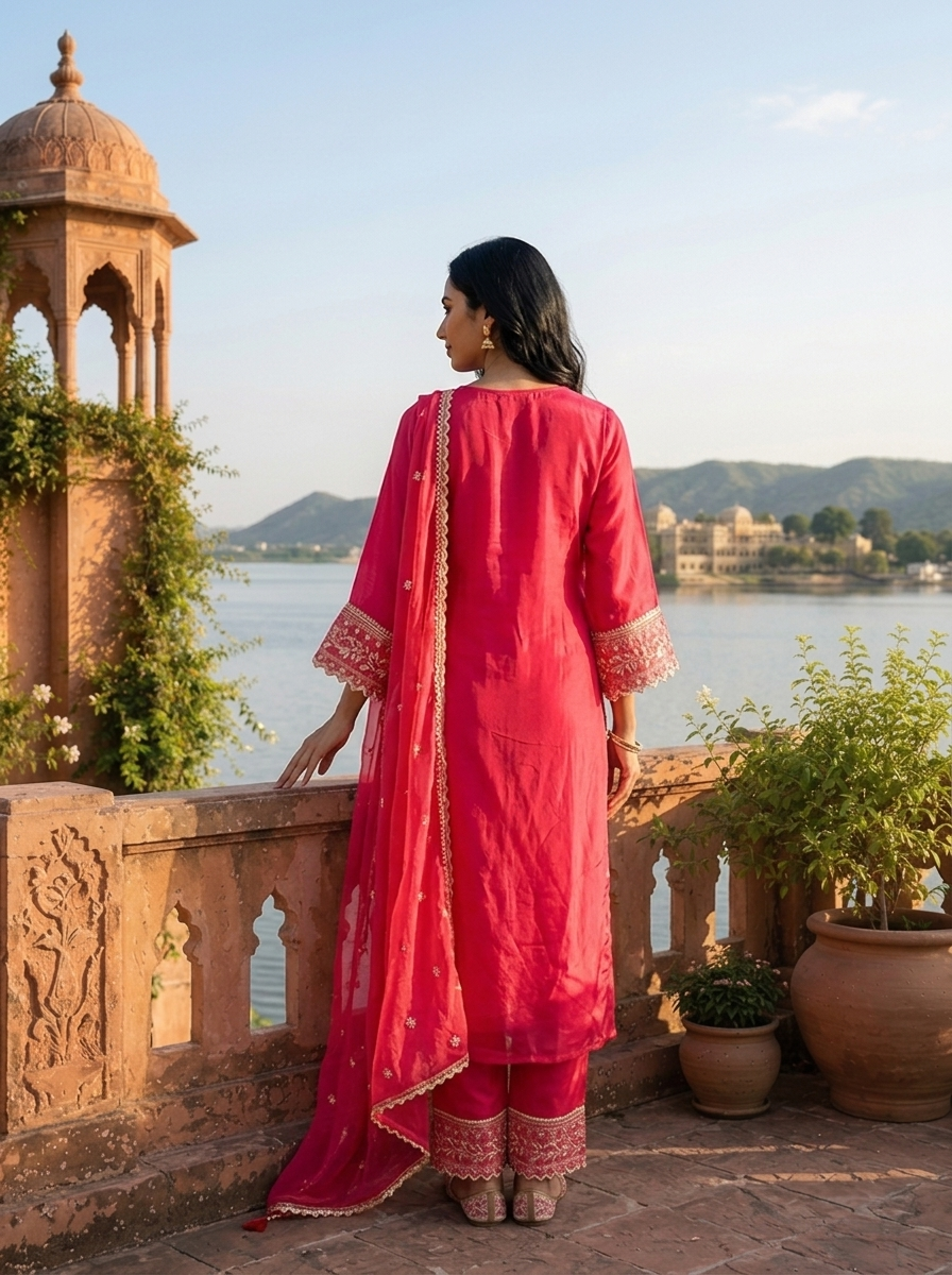 Rani Pink Cotton Tiny Floral Butis Printed Three Piece Set