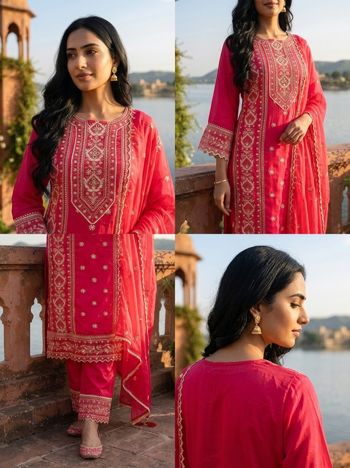 Rani Pink Cotton Tiny Floral Butis Printed Three Piece Set