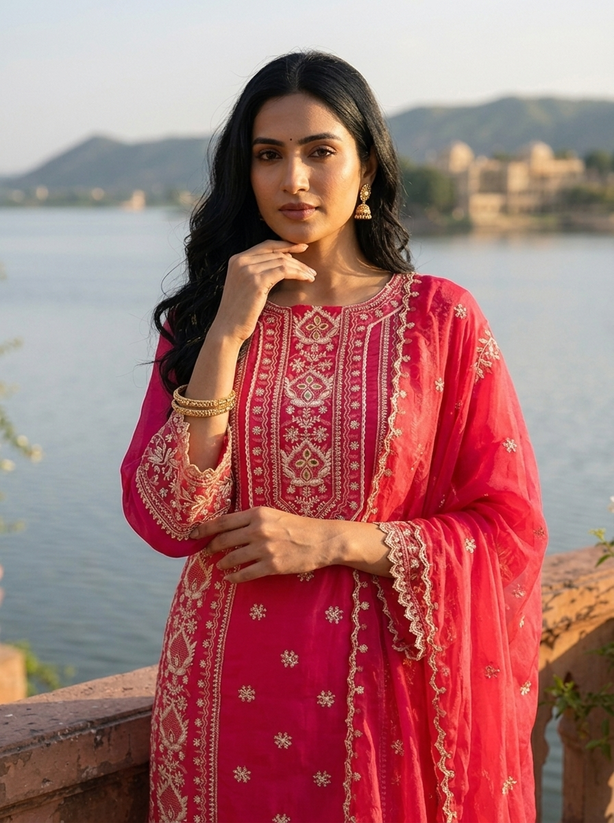 Rani Pink Cotton Tiny Floral Butis Printed Three Piece Set