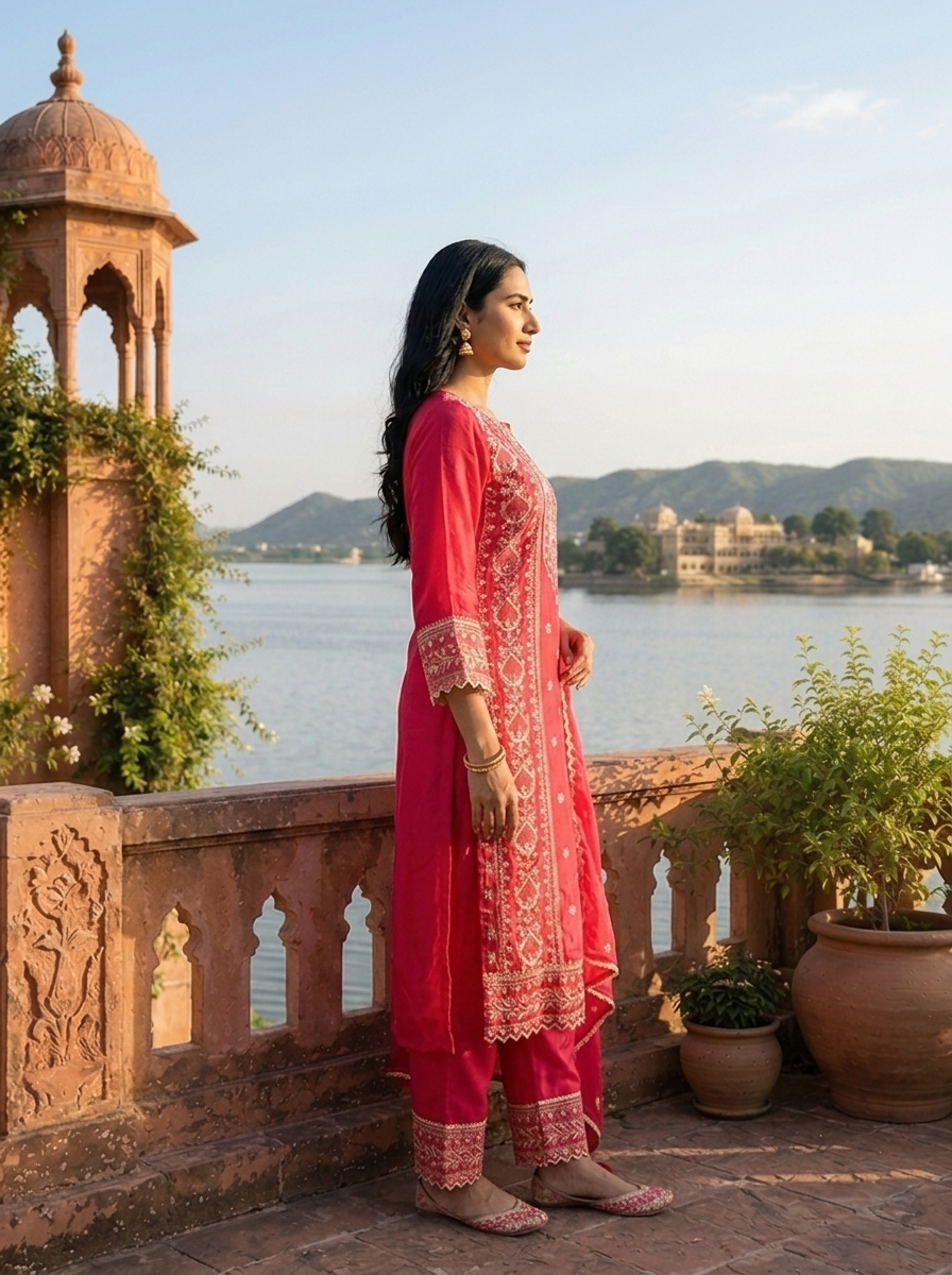 Rani Pink Cotton Tiny Floral Butis Printed Three Piece Set