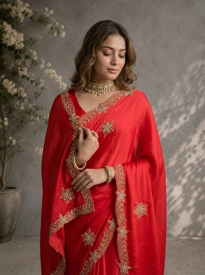 Rani Pink Organza Floral Embroidered Saree With Cutdana And Zari Floral Border