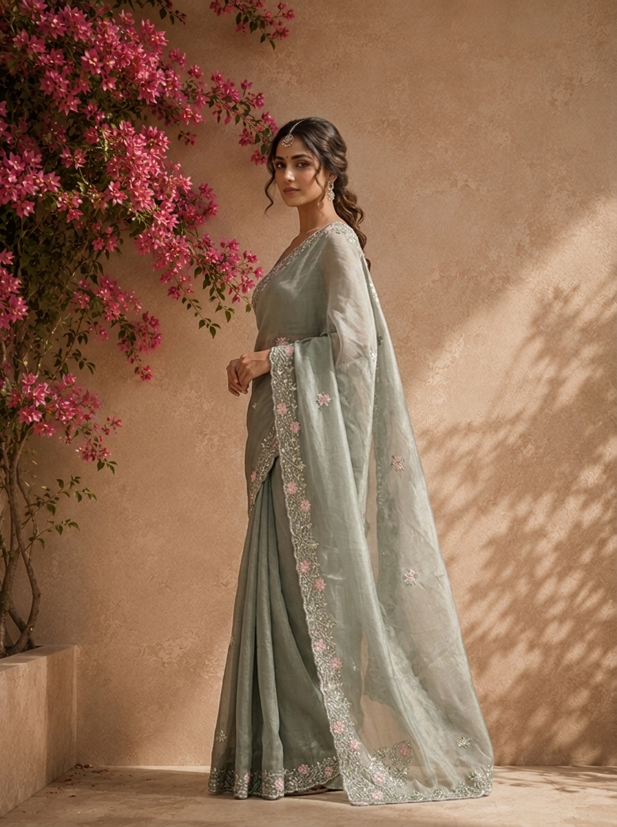 Olive Organza Saree With Scallop Floral Embroidered Border