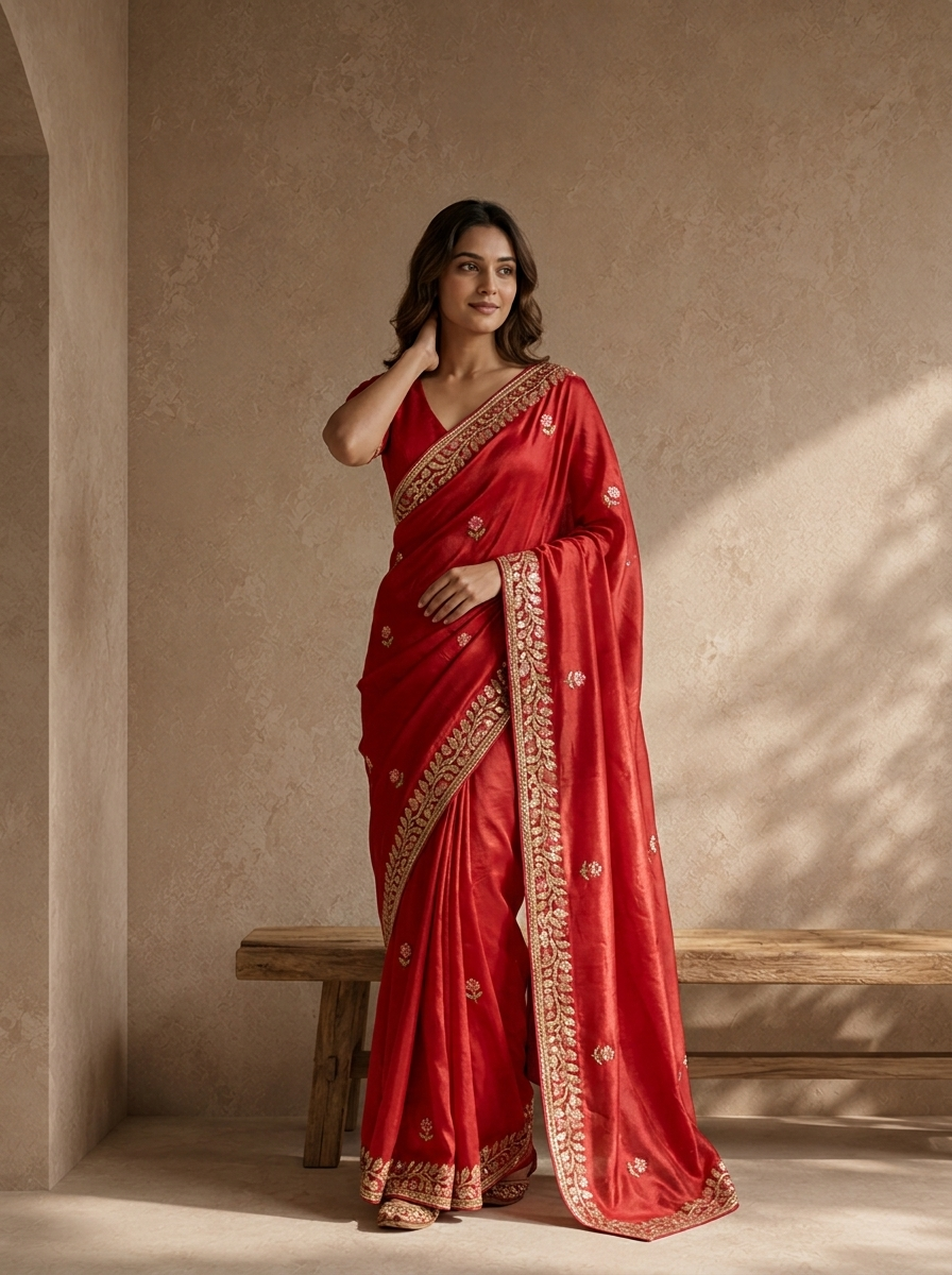 Rani Pink Organza Saree With Floral Scallop Embroidery Border