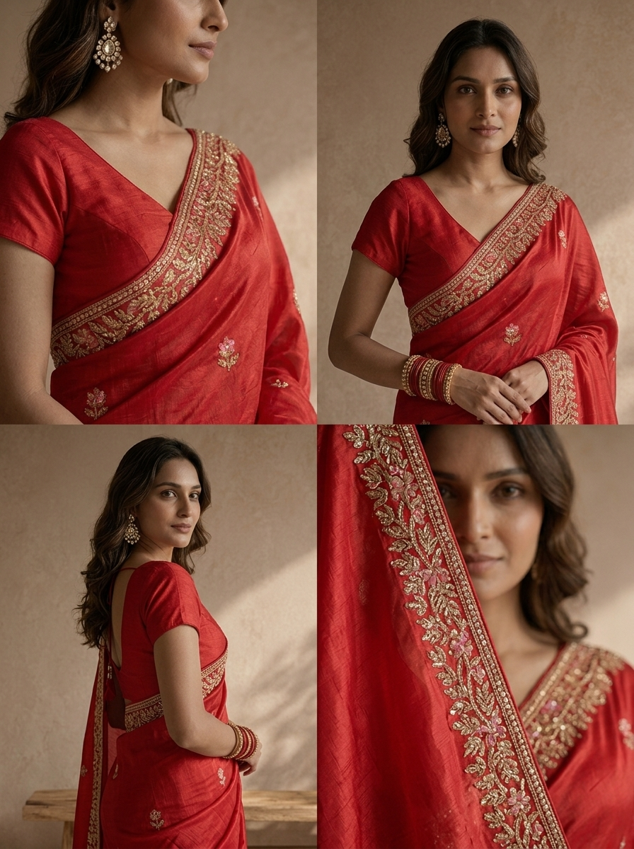Rani Pink Organza Saree With Floral Scallop Embroidery Border