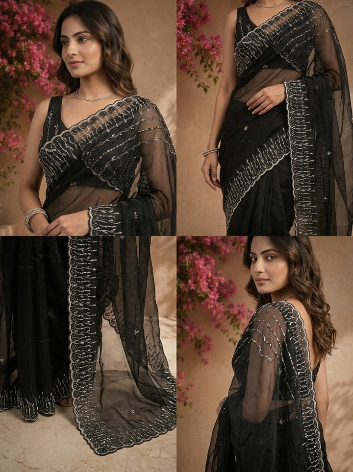 Black Organza Saree With Silver Cutwork Scallop Border