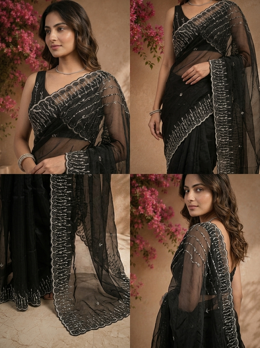 Black Organza Saree With Silver Cutwork Scallop Border