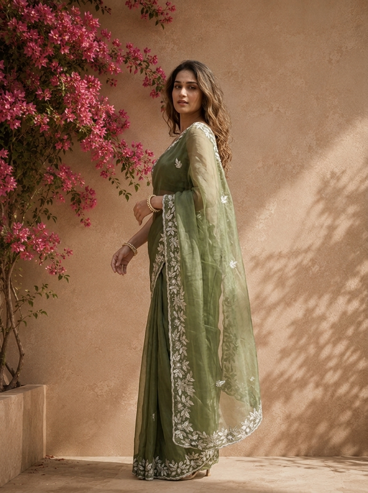 Mehadi Green Organza Saree With Silver Floral Leaf Embroidered Border