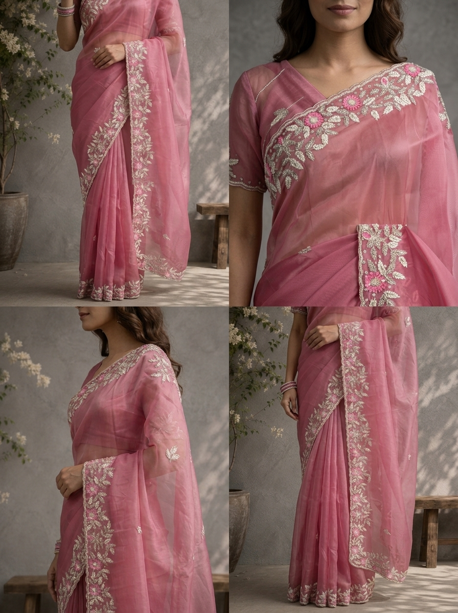 Onion Organza Saree With Silver Floral Leaf Embroidered Border