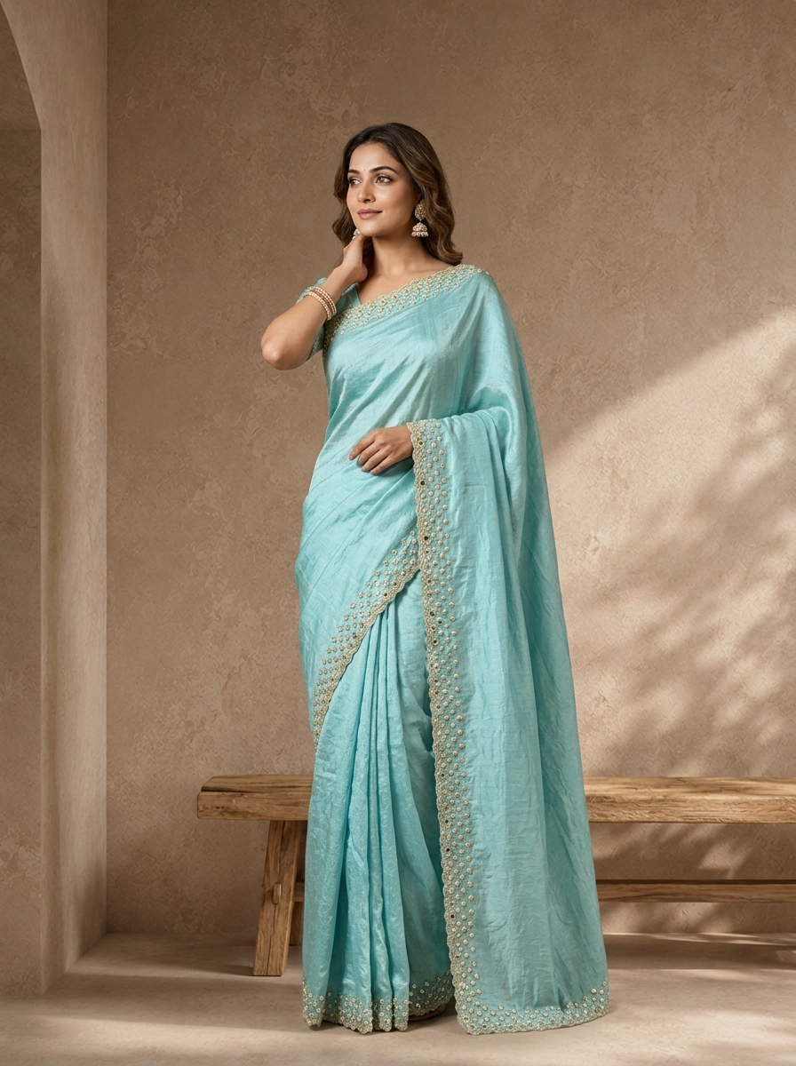 Sky Blue Organza Solid Saree With Mirror And Pearl Border