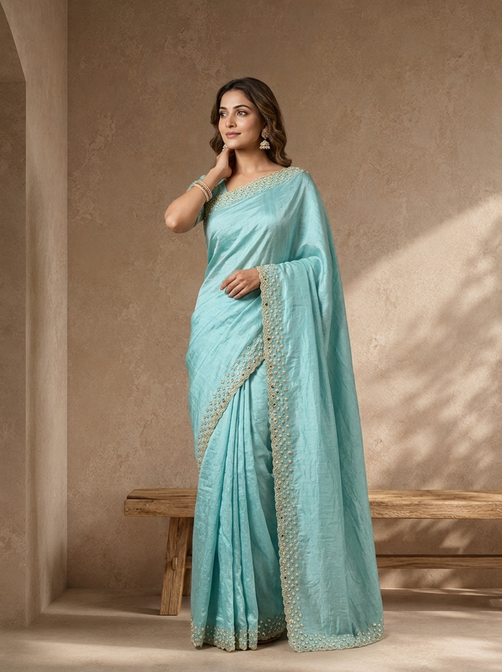 Sky Blue Organza Solid Saree With Mirror And Pearl Border