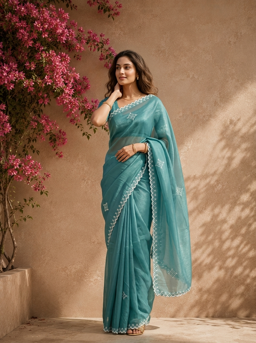 Sea Green Organza Geometric Thread Embroidered Saree