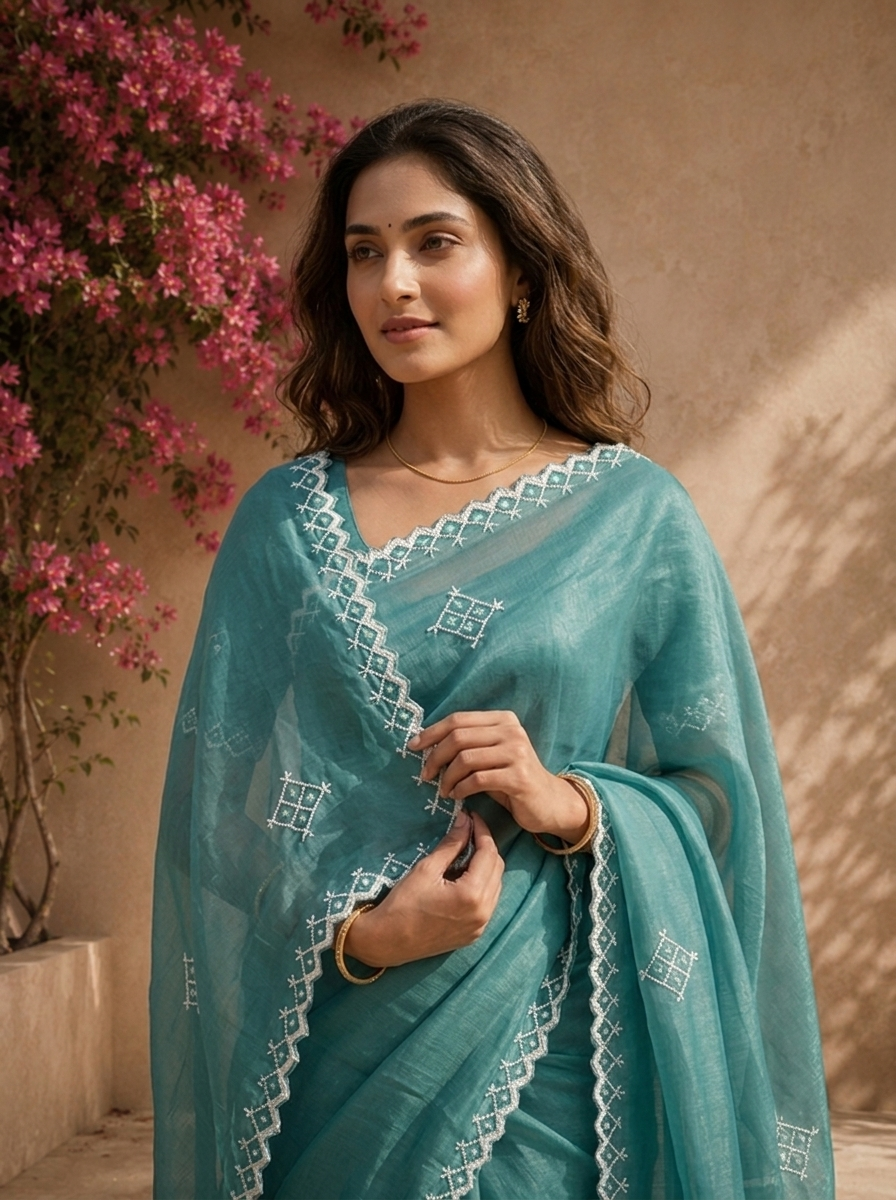 Sea Green Organza Geometric Thread Embroidered Saree