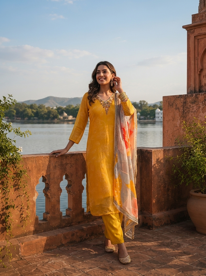 Mustard Organza Abstract Floral Printed Three Piece Set