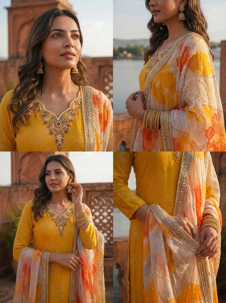 Mustard Organza Abstract Floral Printed Three Piece Set