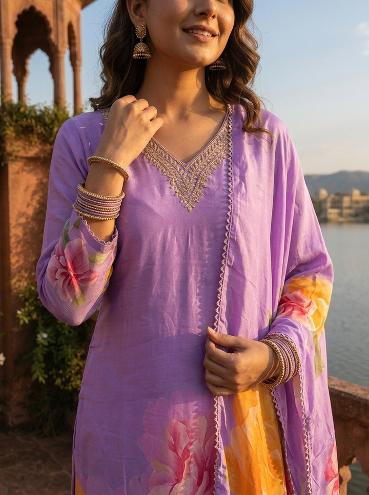 Lilac Muslin Floral Digital Printed Three Piece Set