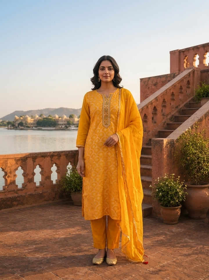 Mustard Silk Zari Weaved Three Piece Set