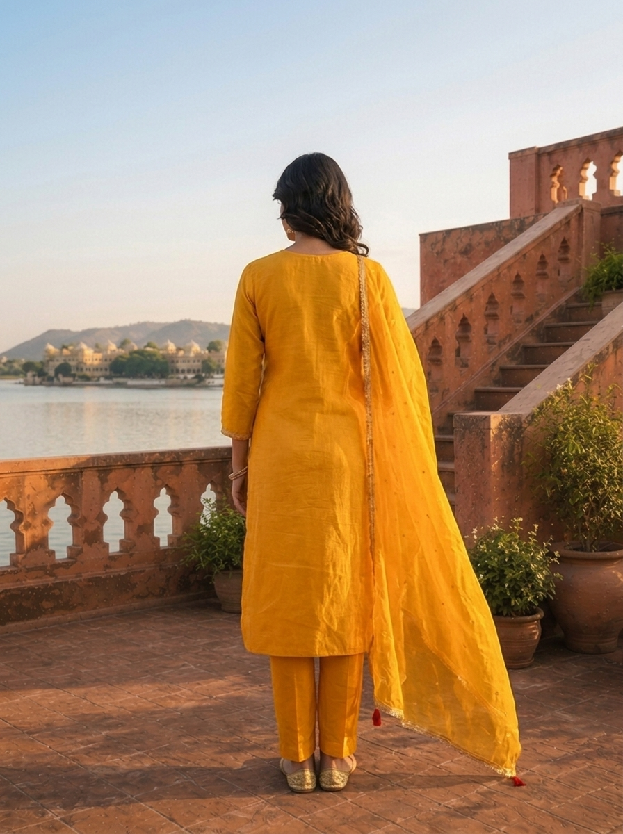 Mustard Silk Zari Weaved Three Piece Set