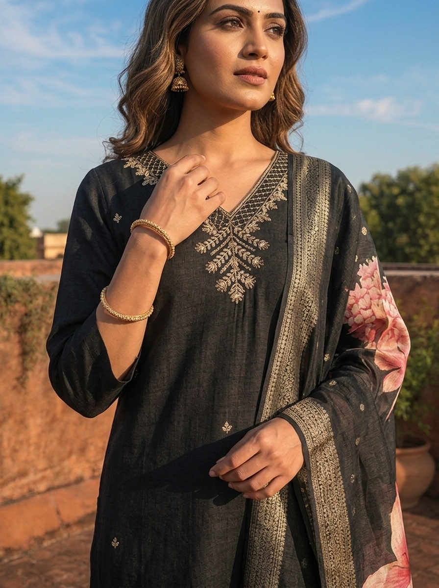Black Rayon Tiny Golden Butti Embroidered Three Piece Set