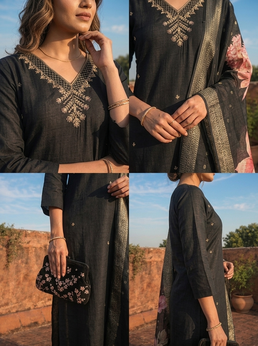 Black Rayon Tiny Golden Butti Embroidered Three Piece Set