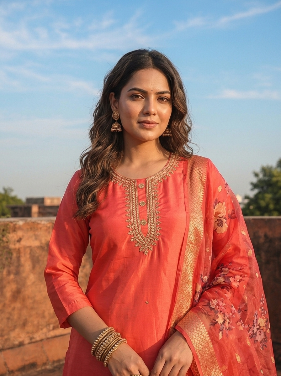 Tomato Tissue Stone Embroidered Three Piece Set